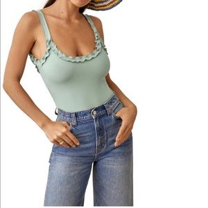 Reformation Flute Ruffle Bodysuit in Celadon Green NWOT